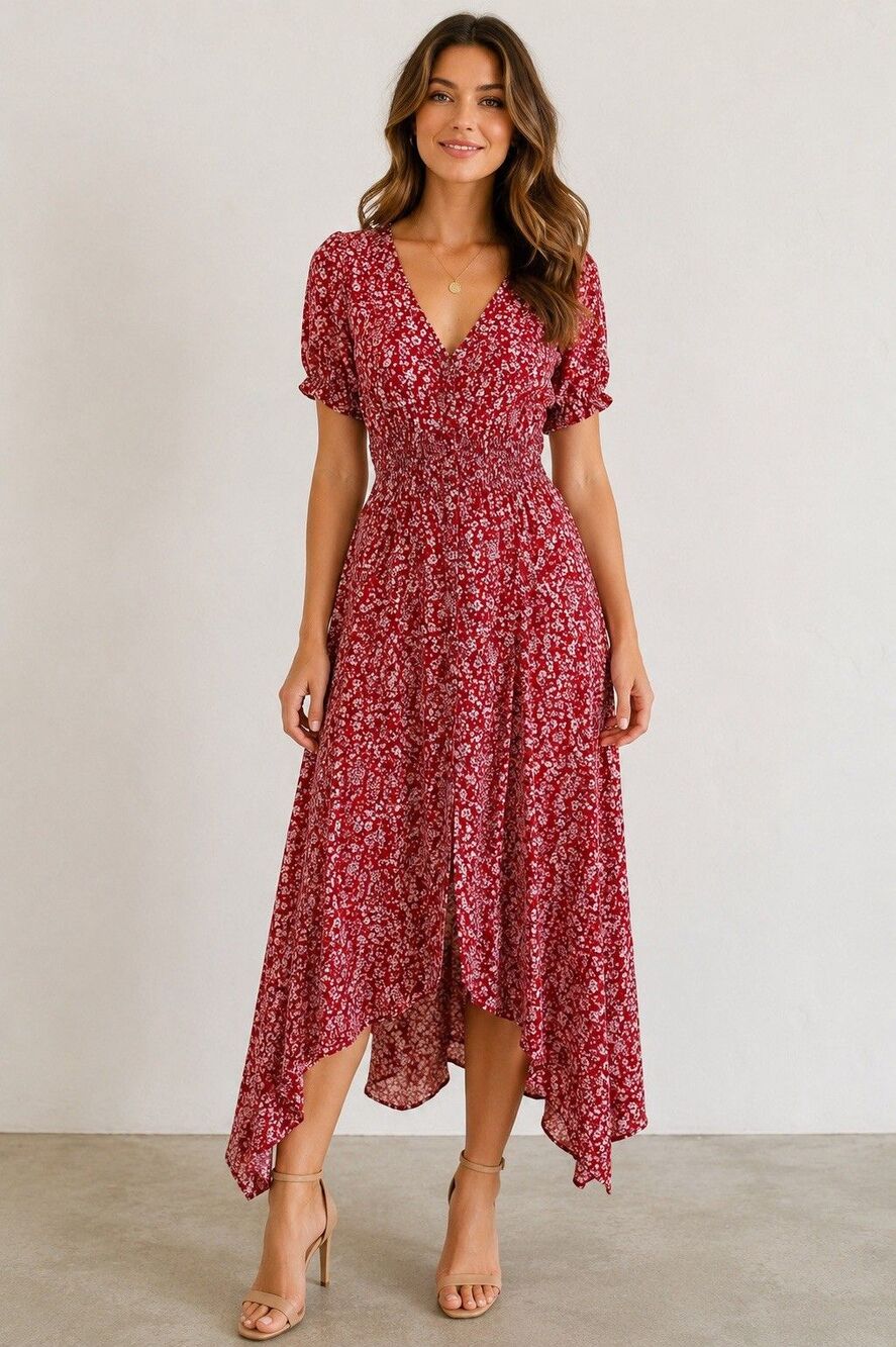 Hayden Los Angeles Dress S Red Floral High Low Button Front Rayon Boho